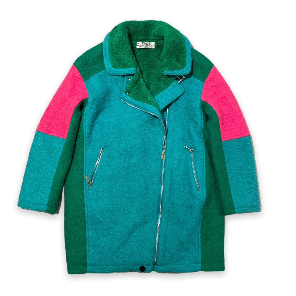 Ziztar Bright Teal Bouclé Zip Peacoat Oversized Size Small Like New W/O Tags